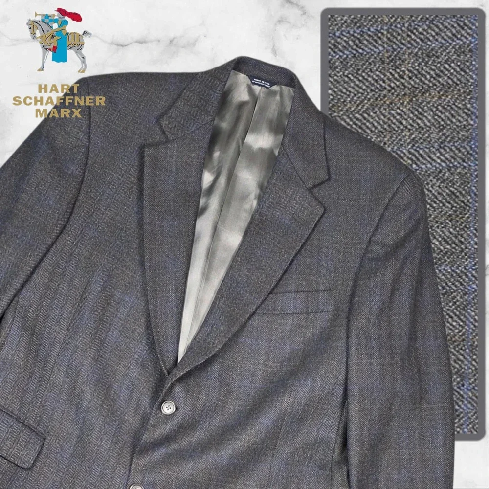 Hart Schaffner Marx Wool‎ Blazer Men 42PT Gray Herringbone Tweed Windowpane USA